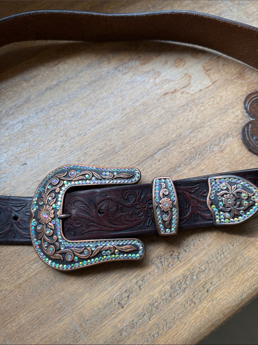Western Embossed Brown Leather Belt with Decorative Crystal Buckle